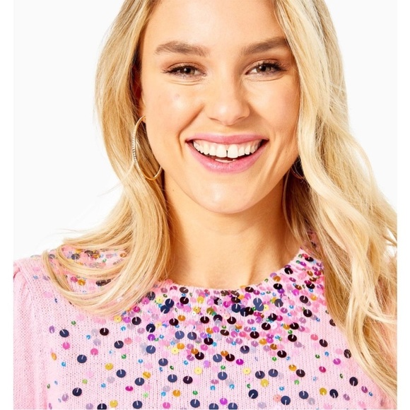 Lilly Pulitzer Ginny Pink Sequin Sweater blouson sleeves Crewneck Sz XL - Picture 2 of 11